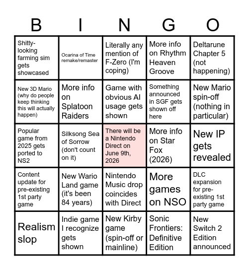 Nintendo Direct Bingo - June 9th, 2026 Bingo Card