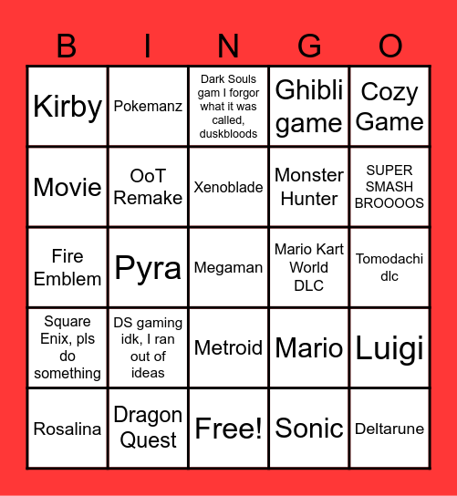 NINTENDO DIRECT 69 Bingo Card