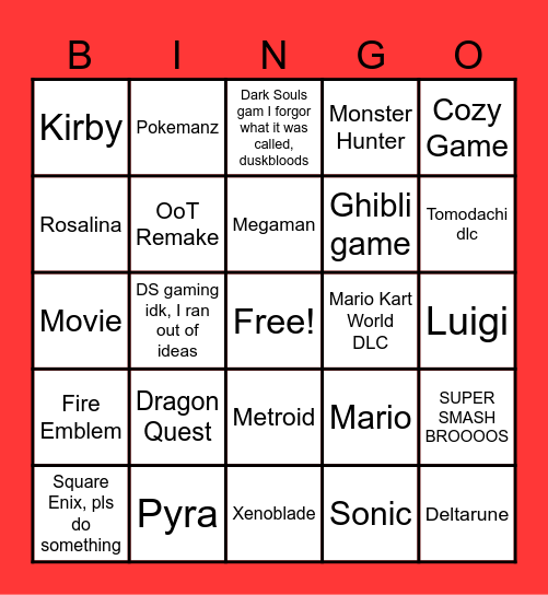 NINTENDO DIRECT 69 Bingo Card