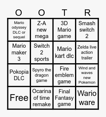Nintendo direct Bingo Card