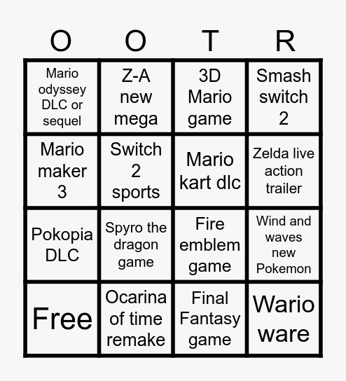 Nintendo direct Bingo Card