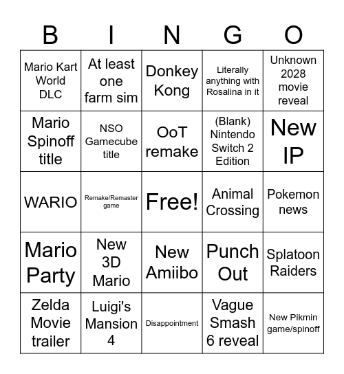 Jun 2026 Nintendo Direct Bingo Card