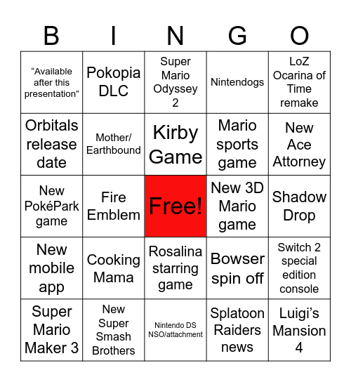 Nintendo Direct 6.9.2026 Bingo Card