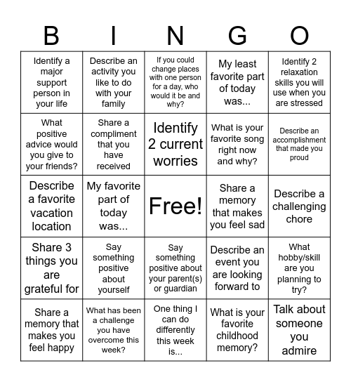 Self Reflection Bingo Card