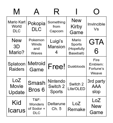Nintendo Direct 6.9.26 Bingo Card