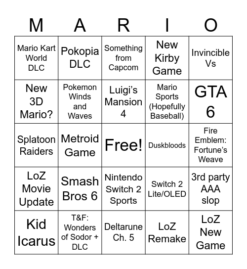 Nintendo Direct 6.9.26 Bingo Card