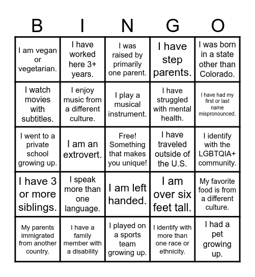 DEI Bingo Card
