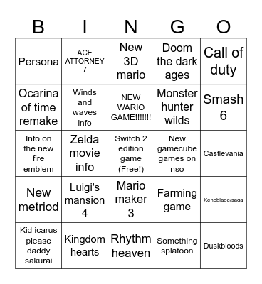 Nintendo Direct Bingo Card