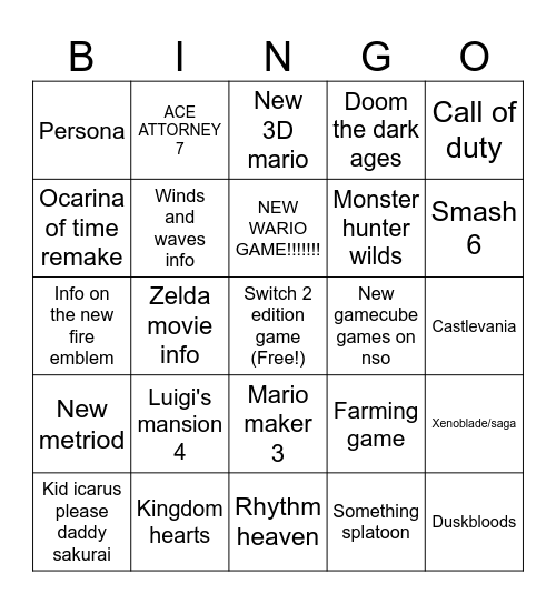 Nintendo Direct Bingo Card