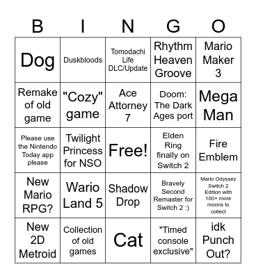 Nintendo Direct Bingo Card