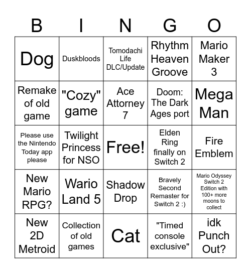 Nintendo Direct Bingo Card