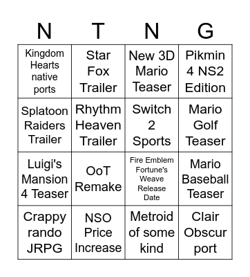 Nintendo Direct Bingo Card