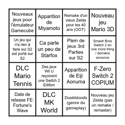 Nintendo Direct Juin 2026 Bingo Card