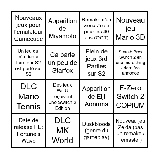 Nintendo Direct Juin 2026 Bingo Card