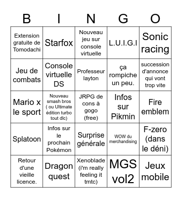 Nintendo direct 2026 Bingo Card