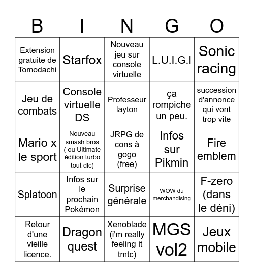 Nintendo direct 2026 Bingo Card