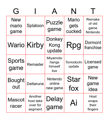Autistic Nintendo giants Bingo Card