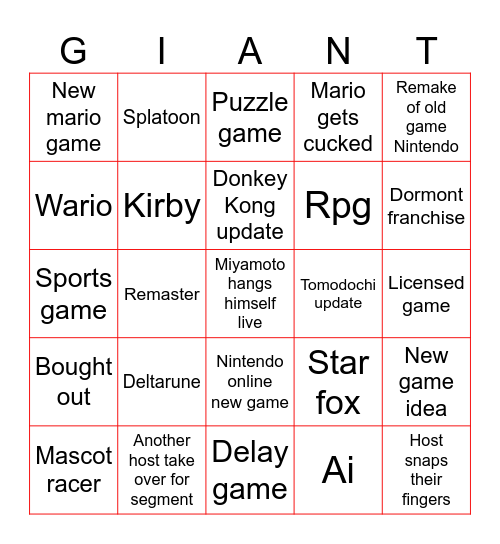 Autistic Nintendo giants Bingo Card