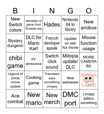 Nintendo Direct Bingo Card