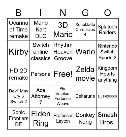 Nintendo Direct Bingo Card