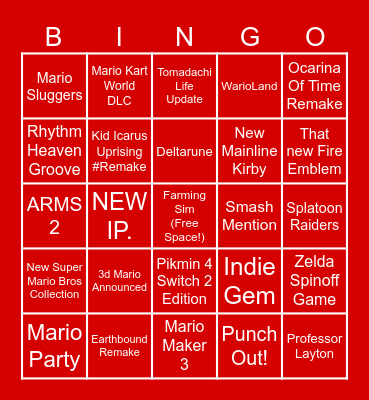 NINTENDO DIRECT Bingo Card