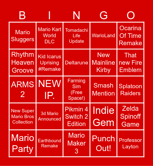 NINTENDO DIRECT Bingo Card