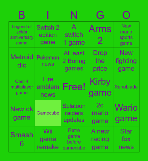 Nintendo Direct Bingo Card