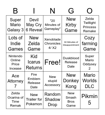 Nintendo Direct Bingo Card