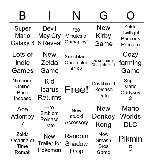 Nintendo Direct Bingo Card