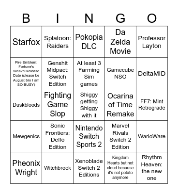 Nintendo Direct Bingo Card