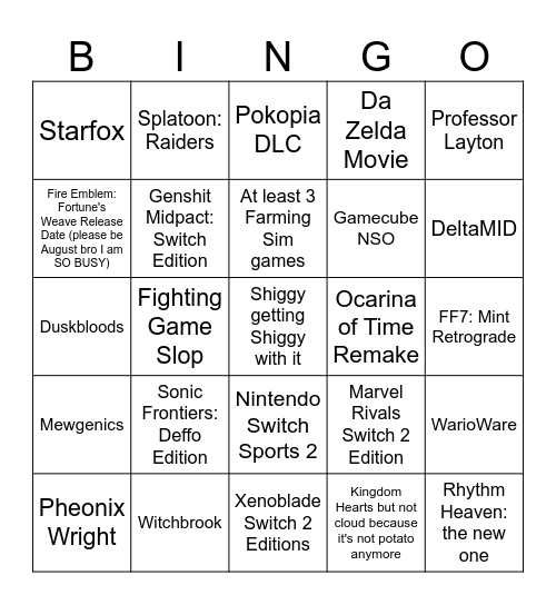 Nintendo Direct Bingo Card