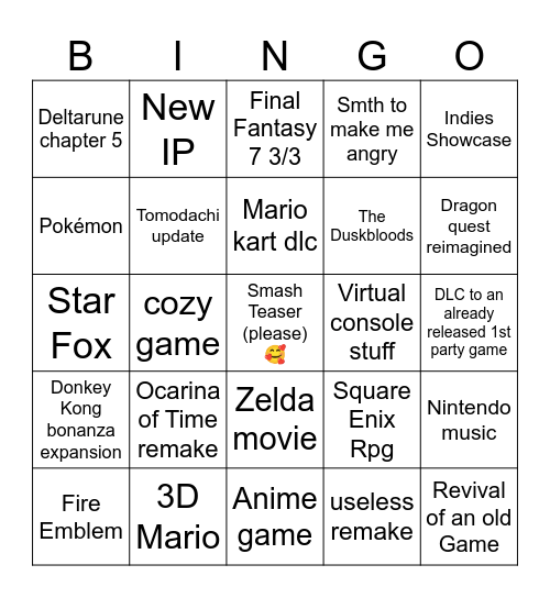 Nintendo Direct June 2026 Bingo Card