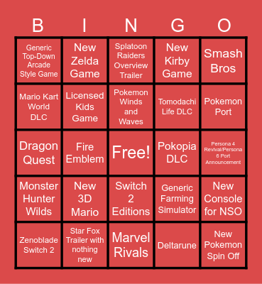 NINTENDO DIRECT JUNE 2026 Bingo Card