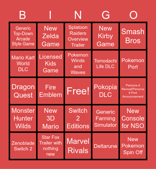 NINTENDO DIRECT JUNE 2026 Bingo Card