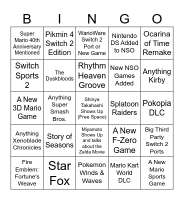 Nintendo Direct June 9th 2026 Bingo Card
