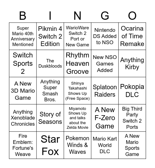 Nintendo Direct June 9th 2026 Bingo Card