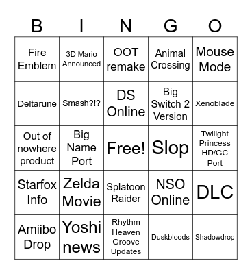 Nintendo Direct Bingo Card