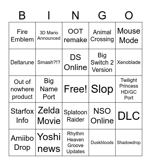 Nintendo Direct Bingo Card