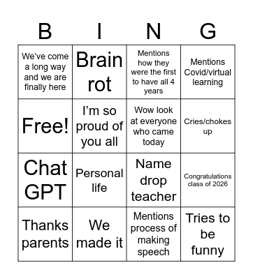 Class speech 2026 Bingo Card