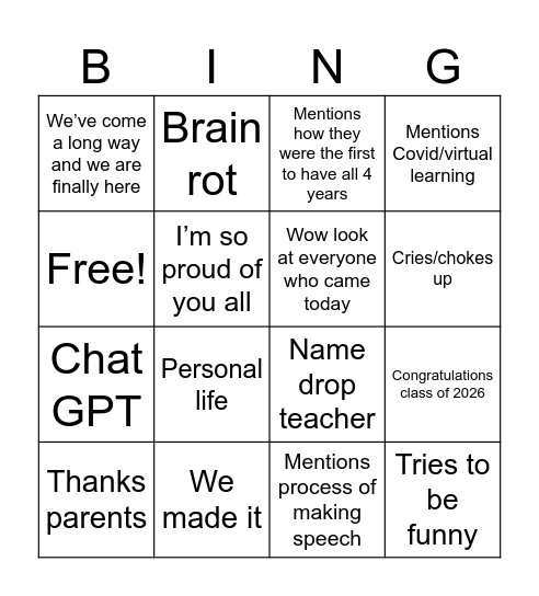 Class speech 2026 Bingo Card