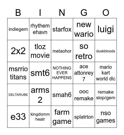 nintenof Bingo Card