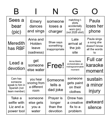 Mission Trip Bingo Card