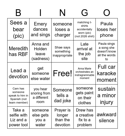 Mission Trip Bingo Card