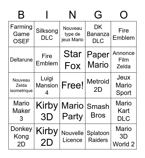 Nintendo Direct Bingo Card