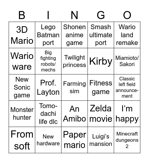 Nintendo direct 06/26 Bingo Card