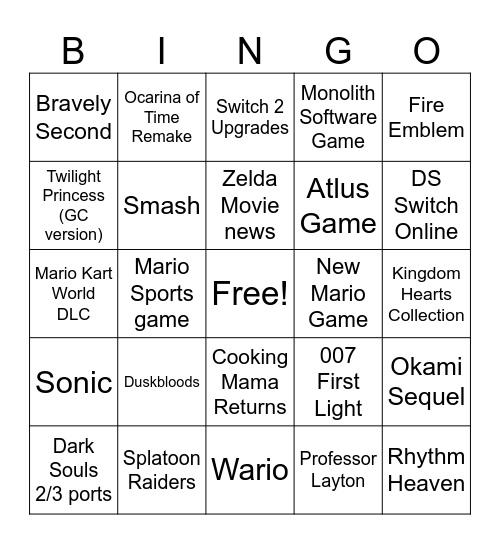 Nintendo Direct June 2026 Bingo Card