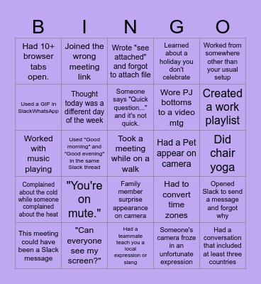 Remote Work Bingo Card