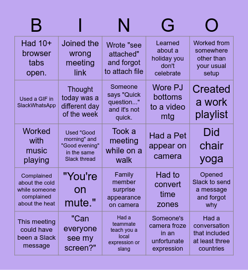 Remote Work Bingo Card