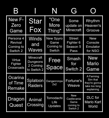 Nintendo Direct 6.8.26 Bingo Card