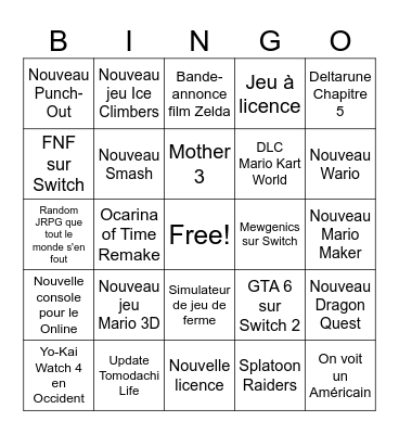 Nintendo Direct 9 juin Bingo Card